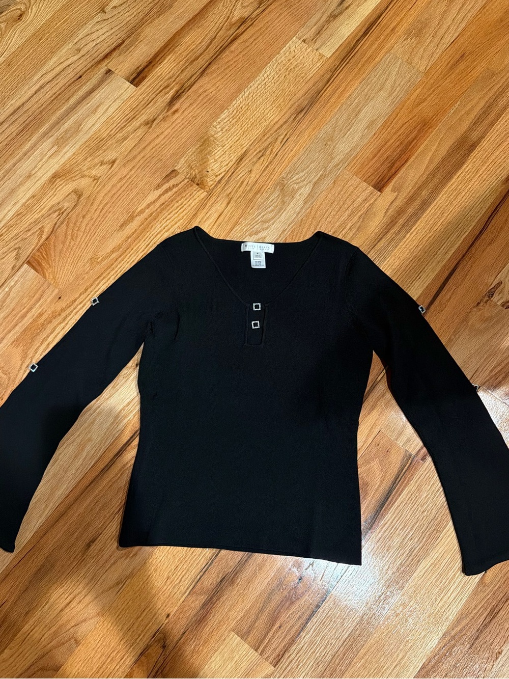 White House Black Market Black Long-Sleeve V-Neck Top with Square Button Accents